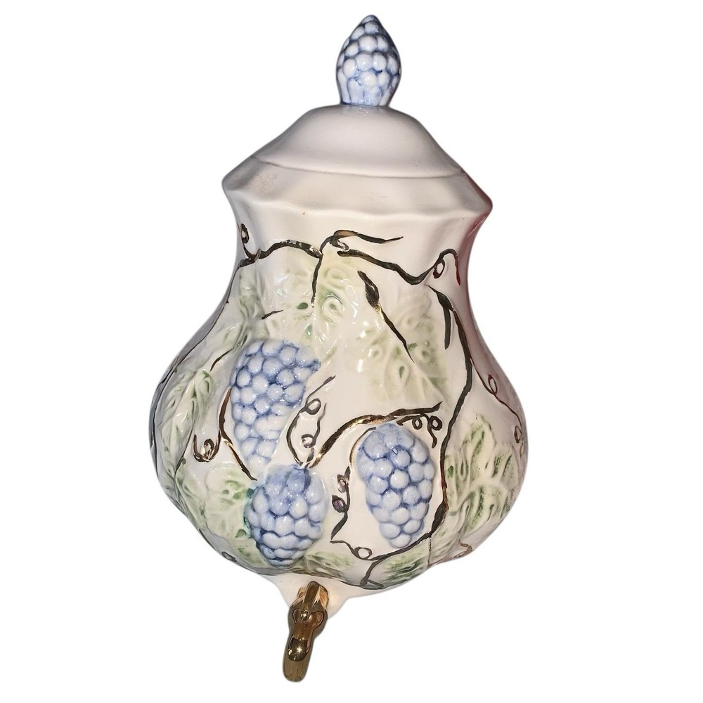 Vintage Ceramic Wall Sconce With Spigot Grapes And Gold Motif For Bathroom 12.5"
